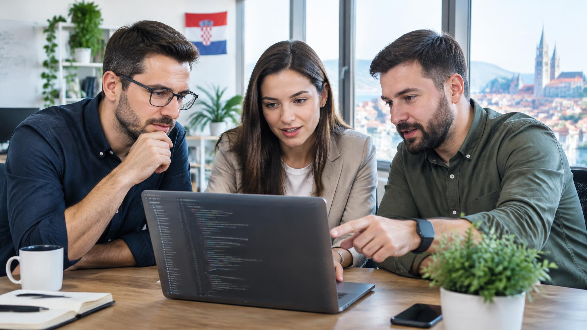 Team of developers working together at a laptop in a modern office