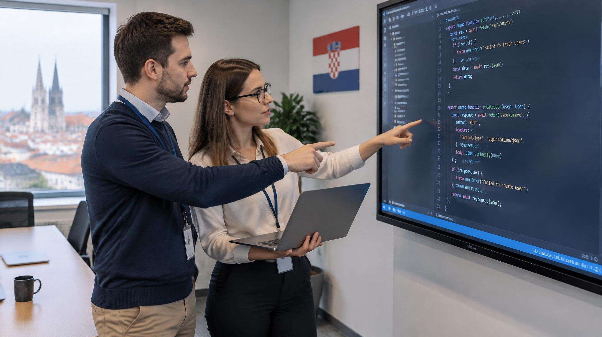 Colleagues reviewing code together on a large monitor