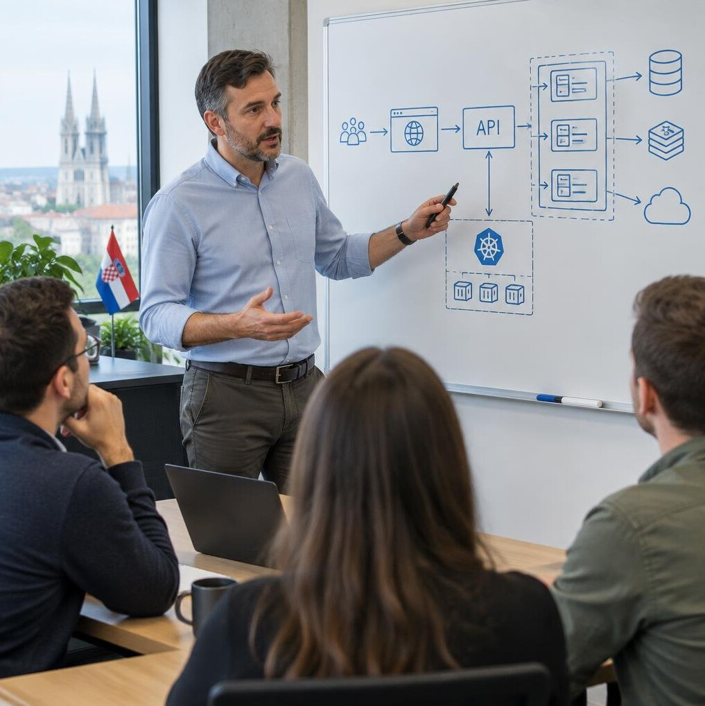 Person explaining a software architecture diagram on a whiteboard