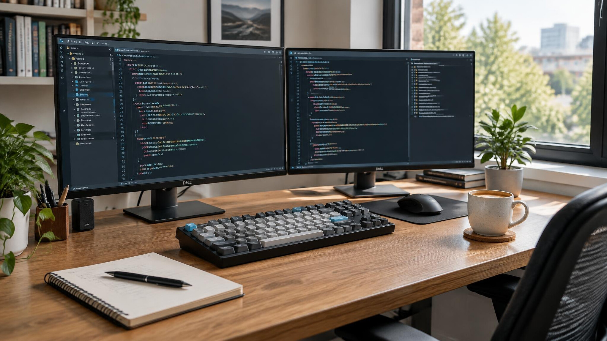 Modern developer desk setup with dual monitors showing code
